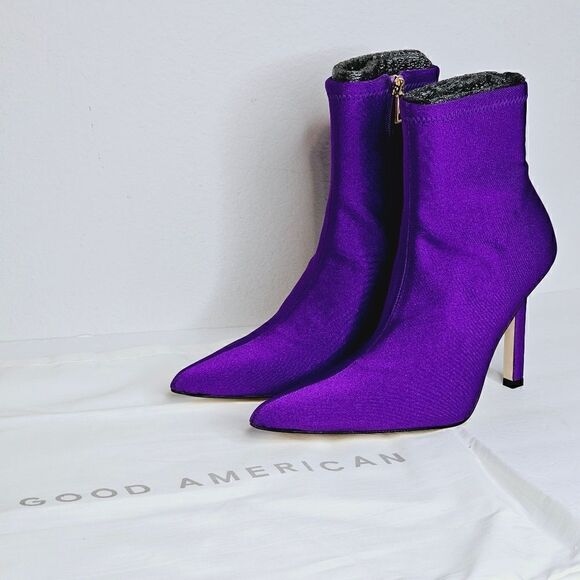 New! Good American Pointed Ankle Sock Shine Neoprene Purple Stiletto Boots - Picture 2 of 15